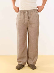 Brown Textured Linen Pull-on Pants